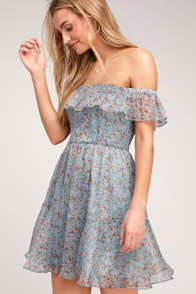 My Favorite Sky Blue Floral Print Off-the-Shoulder Dress