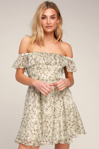 My Favorite Ivory Floral Print Off-the-Shoulder Dress