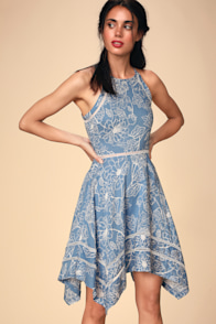 Bahama Mama Blue Floral Print Sleeveless Handkerchief Dress