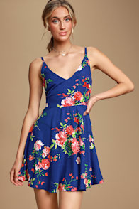 Bridge to Love Cobalt Blue Floral Print Skater Dress