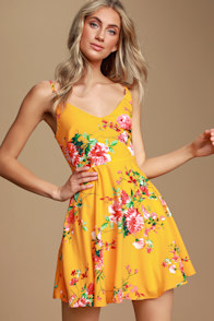 Bridge to Love Golden Yellow Floral Print Skater Dress