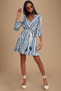 Cast Away Blue and White Striped Ruffle Skater Dress