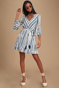 Cast Away Blue and White Striped Ruffle Skater Dress