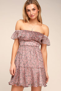 My Favorite Rusty Rose Floral Print Off-the-Shoulder Dress