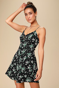 Adalaide Black Floral Print Keyhole Skater Dress