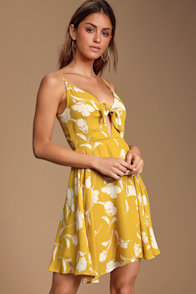 Zoya Mustard Yellow Floral Print Tie-Front Skater Dress