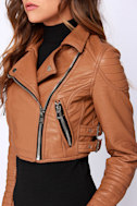 Glamorous Talk It Up Tan Vegan Leather Moto Jacket