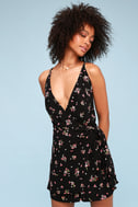 Free People Tango at Night - Black Floral Print Wrap Romper