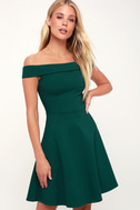 Cute Forest Green Dress - Off-the-Shoulder Dress - Skater Dress