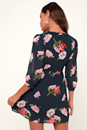 Cute Navy Blue Wrap Dress - Floral Print Dress - Short Wrap Dress