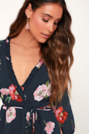 Cute Navy Blue Wrap Dress - Floral Print Dress - Short Wrap Dress