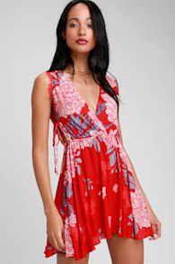 Free People Marine Red Floral Print Mini Dress