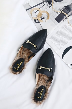 black faux fur loafer slides