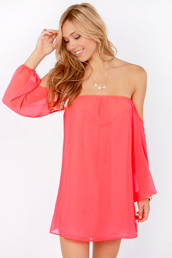 4510177 Coral Puff Shoulder Dress