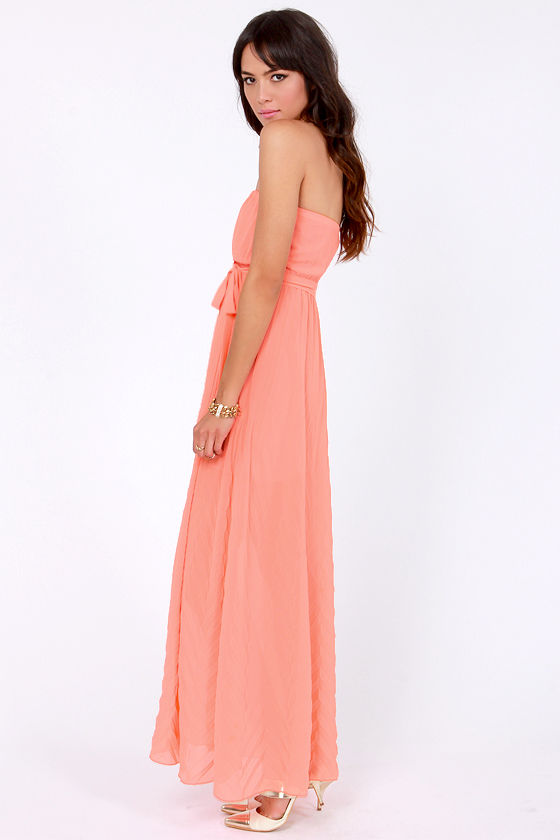 Kendra Strapless Pleated Maxi Dress (Coral)
