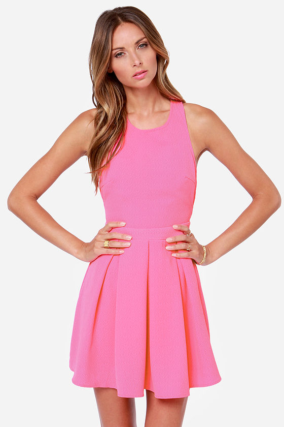 Cute Neon Pink Dress Cutout Dress Skater Dress 59.00