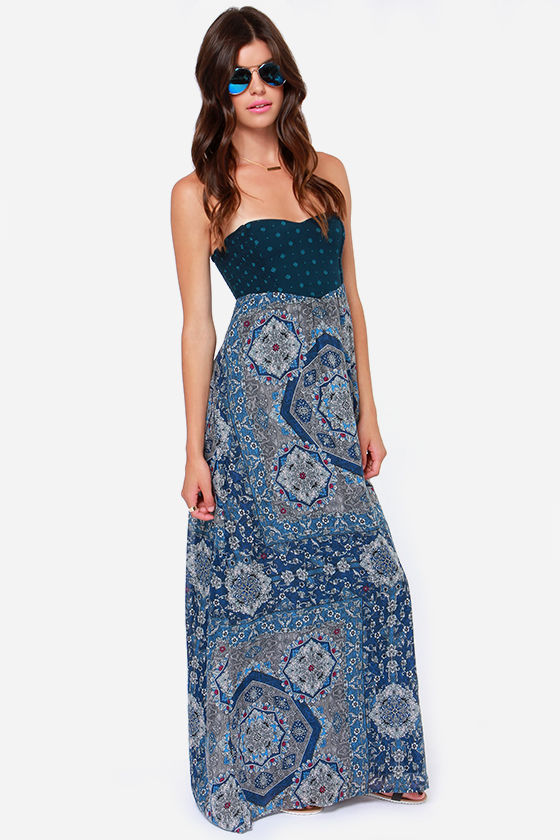 Strapless Maxi Dress - Blue Print Dress - Blue Maxi Dress - $64.50