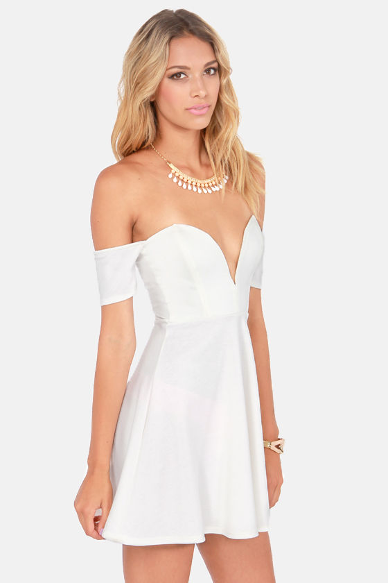 Sexy Ivory Dress - Off-the-Shoulder Dress - Skater Dress - $43.00