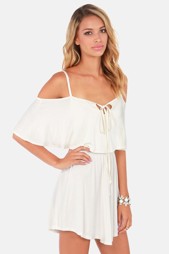 Flirty Ivory Dress - Off-the-Shoulder Dress - Cutout Dress - $43.00