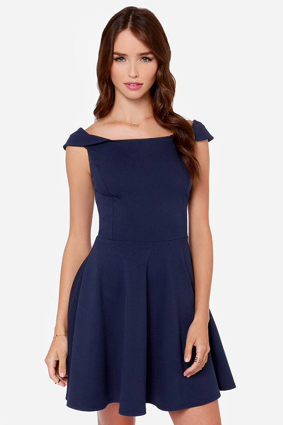 Off-the-Shoulder Dress - Navy Blue Dress - $45.00