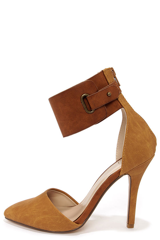 Pretty Tan Heels - Vegan Leather Heels - Ankle Strap Heels - $24.00