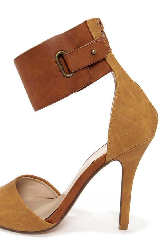 Pretty Tan Heels - Vegan Leather Heels - Ankle Strap Heels - $24.00