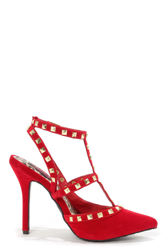 Dollhouse Gravity Red Studded T-Strap Pointed Heels - $42.00