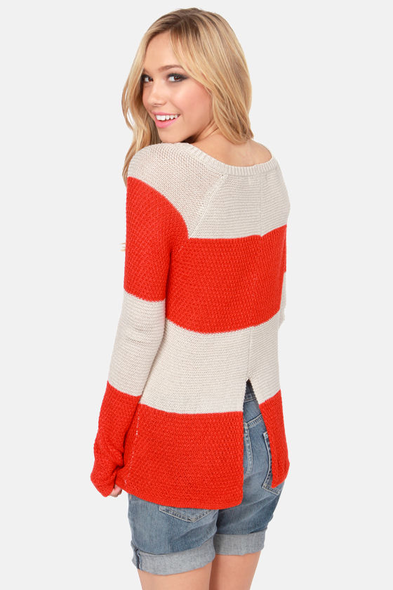 red and orange striped sweater