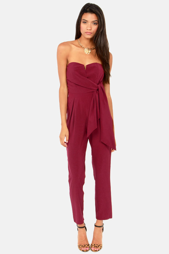 9011 Maroon Bow Detail Strapless Jumpsuit