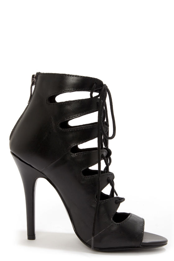 black lace up high heel booties