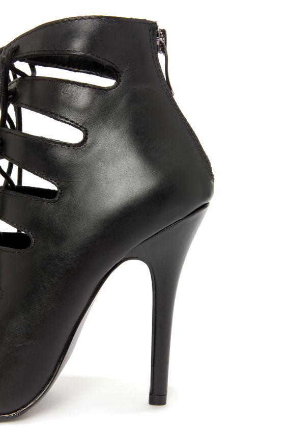 black lace up high heel booties