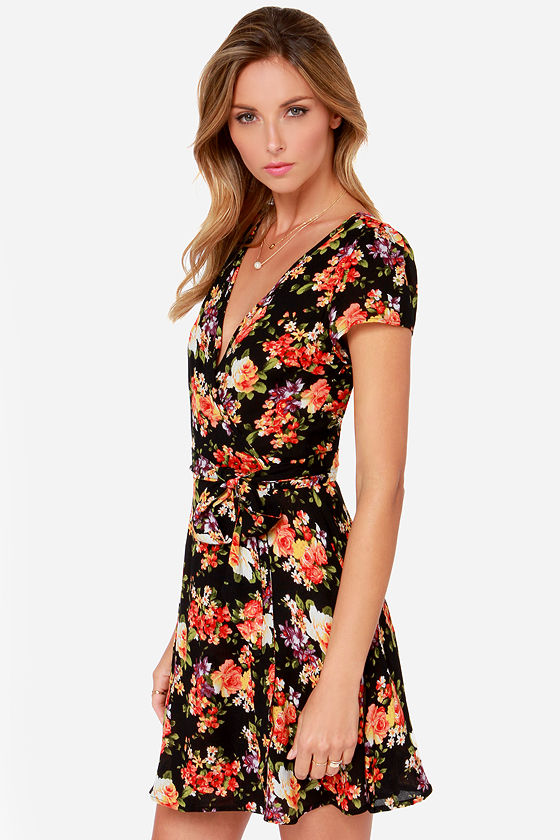 Black Dress - Wrap Dress - Floral Print Dress - $44.00