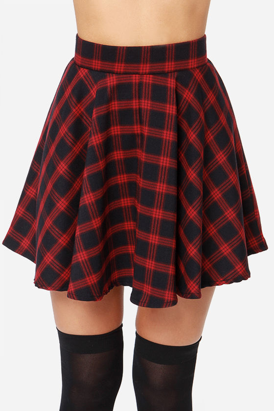 Red Skirt - Plaid Skirt - Mini Skirt - High-Waisted Skirt - $47.00