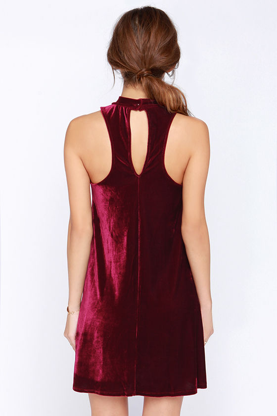 Burgundy Velvet Halter A-Line Holiday Dress With Slit