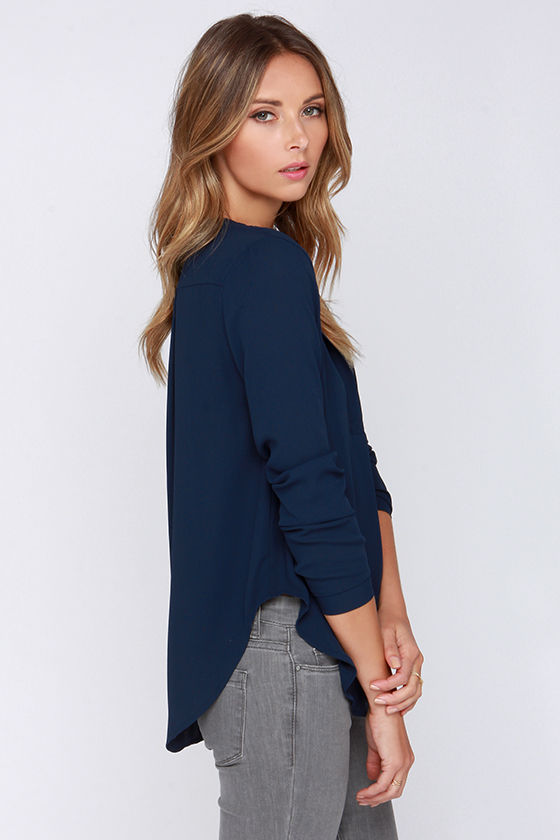 navy blue top with black pants