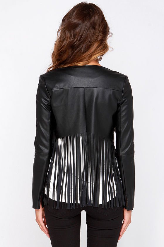 Cool Black Vegan Leather Jacket Fringe Jacket Cropped Jacket 58.00