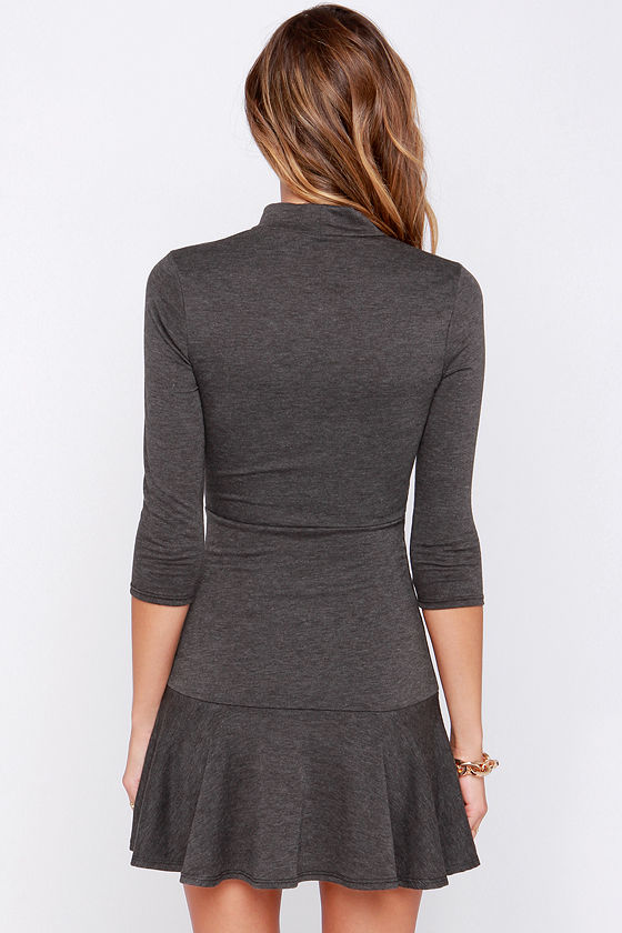 Cute Charcoal Grey Dress Mock Neck Dress 35.00