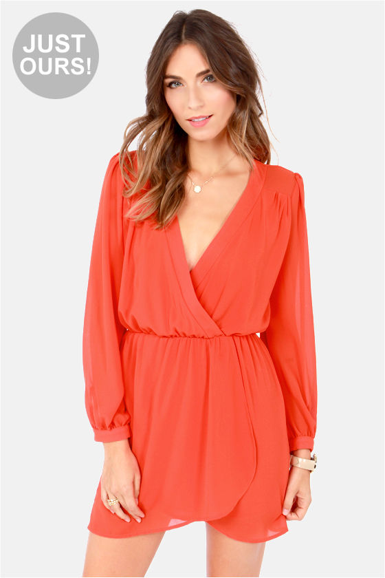 Stylish Coral Orange Dress - Wrap Dress - Long Sleeve Dress - $47.00