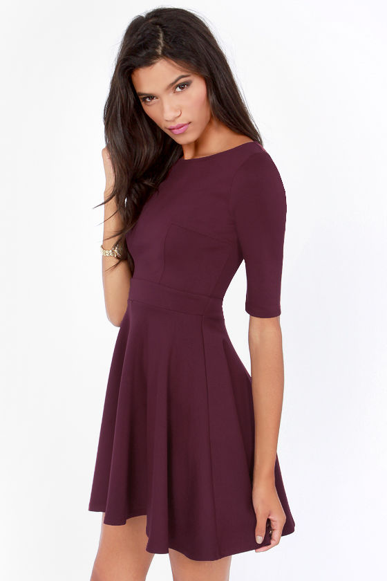 Cute Burgundy Dress - Skater Dress - Dress with Sleeves - $49.00