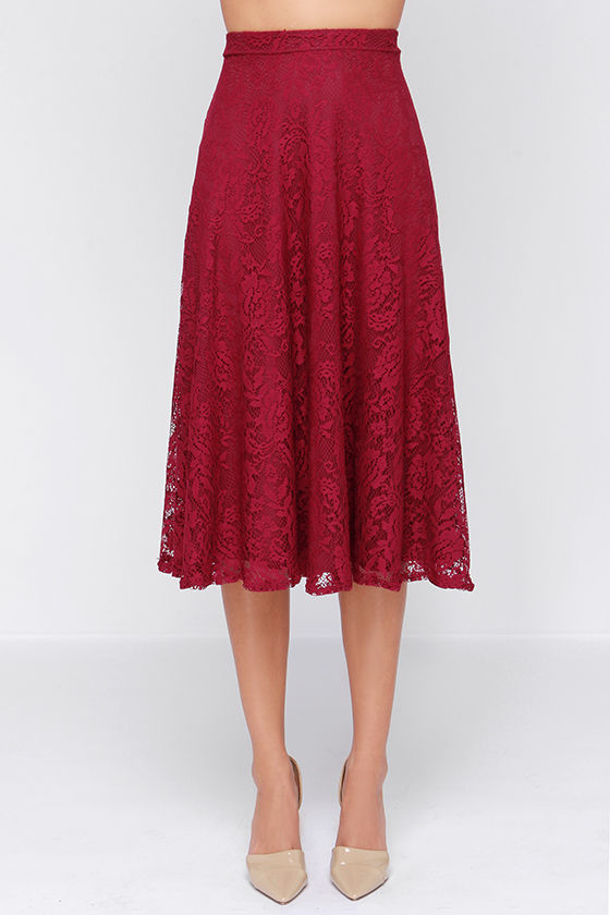 Pretty Burgundy Skirt - Midi Skirt - Lace Skirt - High Waisted Skirt ...