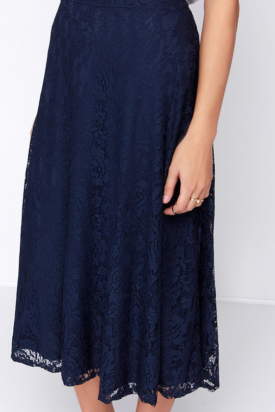 Pretty Navy Blue Skirt Midi Skirt Lace Skirt High Waisted Skirt