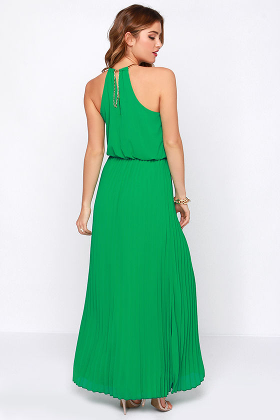 Pretty Green Dress - Maxi Dress - Pleated Dress - $52.00