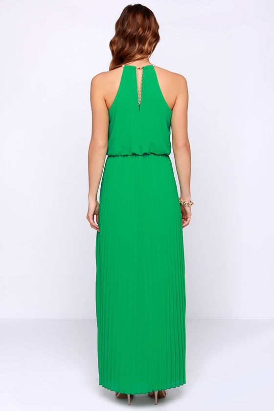 Pretty Green Dress - Maxi Dress - Pleated Dress - $52.00