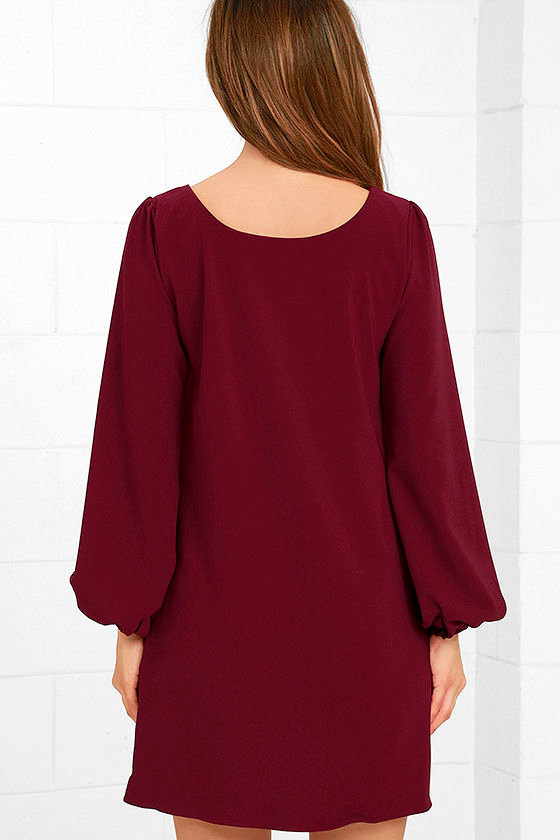 Cute Burgundy Dress - Shift Dress - Long Sleeve Dress - $38.00