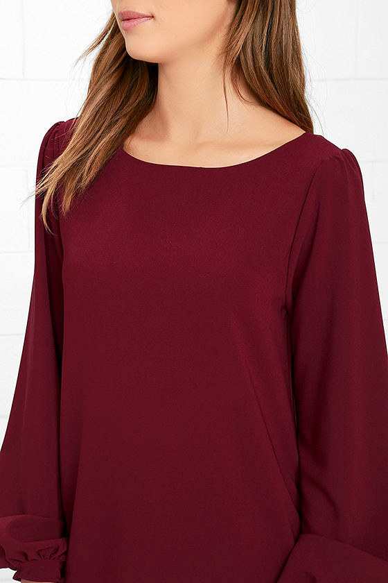 Cute Burgundy Dress - Shift Dress - Long Sleeve Dress - $38.00
