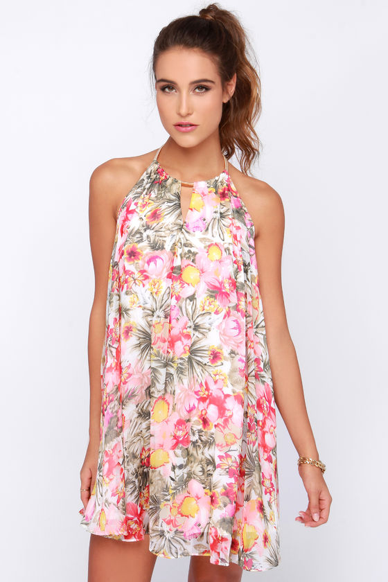 Pretty Cream Dress - Tropical Print Dress - Halter Dress - $57.00