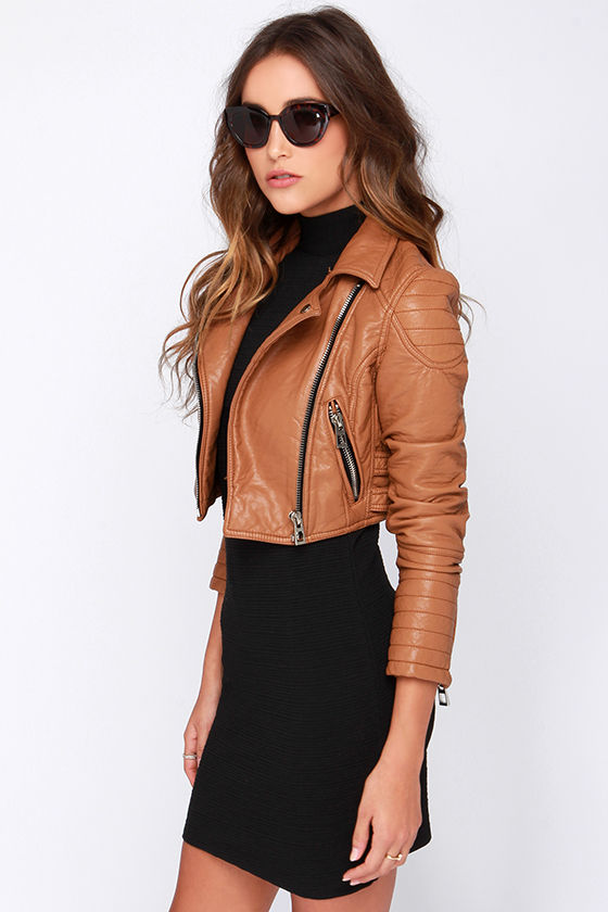 Glamorous Talk It Up Tan Vegan Leather Moto Jacket