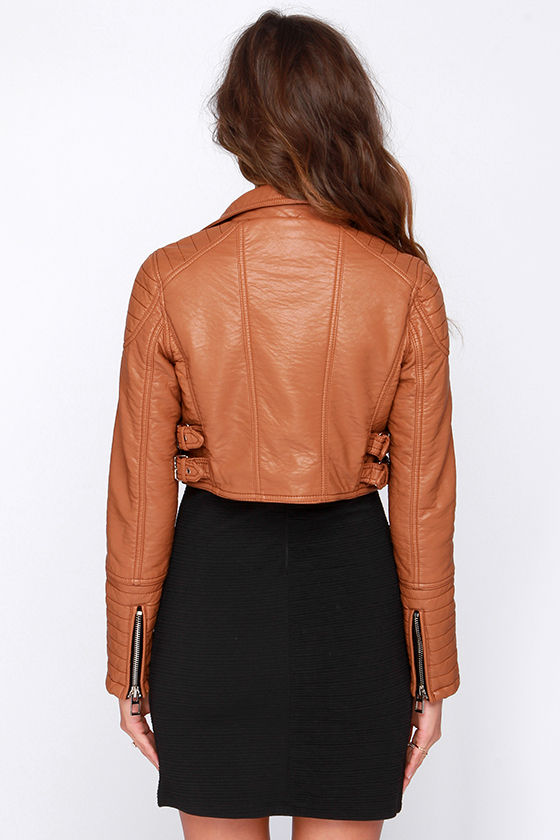 Glamorous Talk It Up Tan Vegan Leather Moto Jacket