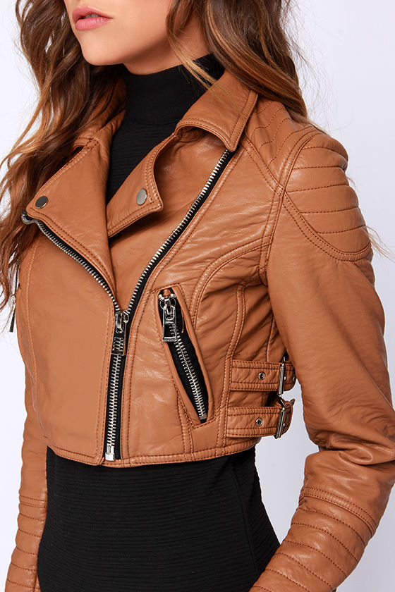 Glamorous Talk It Up Tan Vegan Leather Moto Jacket