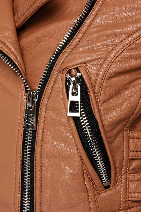 Glamorous Talk It Up Tan Vegan Leather Moto Jacket